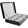 Cas De'Lux Watch Box Organizer 12 Slot Pillow Premium Display s with Framed Glass Lid Elegant Contrast Stitching Sturdy and Secure Lock for Men and Women Watch and Jewelry Large Holder Boxes