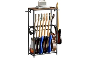 MAHANCRIS Soporte de Guitarra, Estantería para 7 Guitarras de Dos Niveles, para Guitarra Acústica, Guitarra Eléctrica, Bajo, Ukelele, Banjo, Revestimiento Protector de EVA, Marrón AGSHR6701