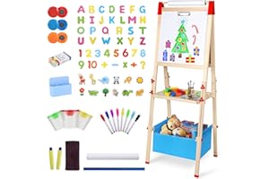 Innedu Lavagna per bambini, cavalletto con pittura a doppio lato in legno con rotolo di carta e altri accessori, lavagna bianca con gesso regolabile per ragazzi e ragazze di 3+ anni