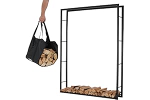 Lendo Online Scaffale per legna da ardere + borsa per il trasporto, per interni ed esterni, Portalegna, per legna da ardere – deposito legna – metallo nero (148x25x196cm)