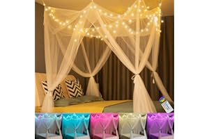 Oycbuzo 8 Corners Post Canopy Bed Curtains, Princess Bed Canopy with Color Changing Star String Lights, Hanging 4 Door Square Bed Net for Girls Adults Women Bedroom Decor, Twin to King Size Bed