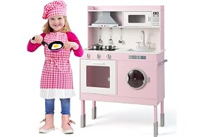FANTASK Barnkök med lektillbehör, lekkök av trä inklusive köksfläkt och tvättmaskin & äkta ljud och ljus, matlagning lekset f