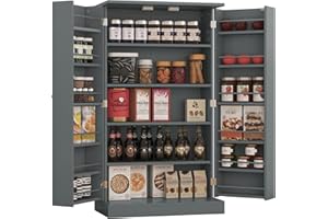 Yusong Kitchen Pantry Storage Cabinet with Doors and Adjustable Shelves, 41" Freestanding Utility Cupboard Cabinets for Dining Room, Living Room, Grey