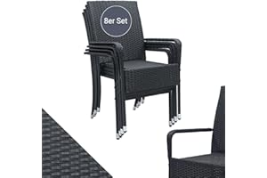 ‎JUSKYS Juskys Polyrattan Gartenstühle Yoro 8er Set mit Armlehnen & Rückenlehne - 8 Stühle stapelbar - Rattan Stuhl Garten - Stapelstuhl Schwarz