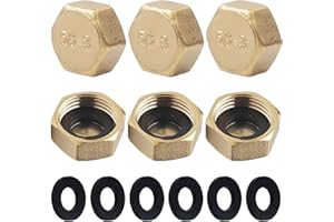 UTXN 6PCS 1/2 Inch Brass Radiator Valve Caps (Female Thread) - Radiator Valve & Pipe End Caps with 6 Sealing Washers for Washing Machine Hoses, Decorative Pipe Isolation & Plumbing Protection
