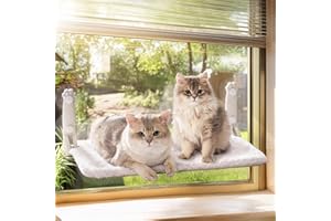 MEWOOFUN Cat Window Bed Hammock for Indoor Cats - Foldable Cat Window Perch Reversible Mat, Upgrade Strong Suction Cups Sturdy (Beige, L)
