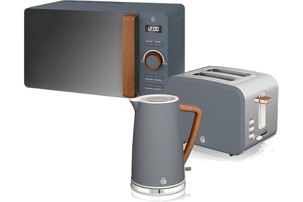 Swan Nordic Set petit-déjeuner bouilloire 1,7 L 2200 W, grille-pain à fente large 2 tranches, micro-ondes 20 L numérique, design moderne, effet bois, gris