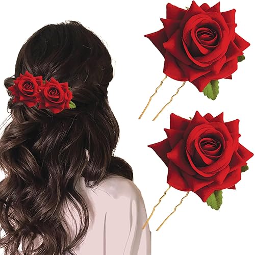 TEMPERIA (2pcs) Hair Accessories For Women & Girls - Stylish Red Rose Artificial Flowers Bun Juda U Pins & Clips for Style & Decoration - Bridal Brooch & Braid for Hairstyle of Bride, Wedding & Party
