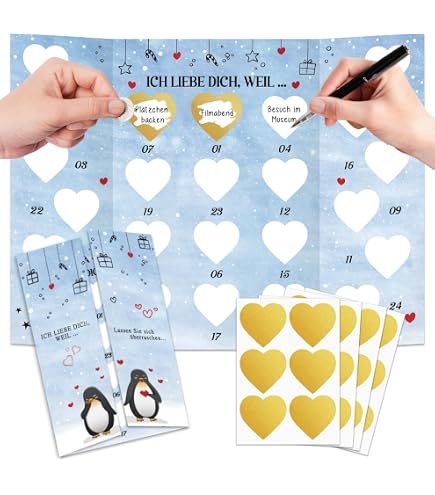 Adventskalender Mit 24 Ich-liebe-dich-Karten – In Roten Umschlägen, Mit Holzklammern, Schnur & Aufklebern