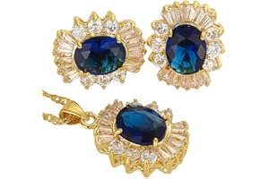 RIZILIA Jewellery Set Pendant with 45cm(18") Chain & Stud Earrings Oval Cut Gemstones CZ [6 Colours Available] in 18K Yellow Gold Plated, Simple Modern Elegance