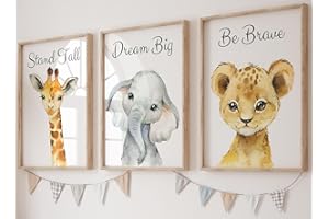 Eviepops Prints Animales del Safari Set de 3 Láminas Sin Marco para Habitación de Niño o Niña, Pósters de Arte de Pared para Decoración de Dormitorio, Jirafa Elefante León, Dream Big Stand Tall (A3)