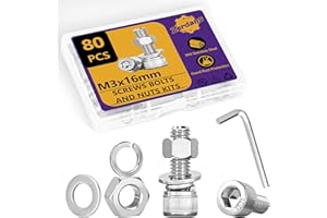 ZERDANS 80Stk M3 Schrauben Set, M3x16mm Sechskantschrauben Muttern Set, Edelstahl Zylinderschrauben Innensechskant Schrauben mit Muttern und Unterlegscheiben Set, Maschinenschrauben Gewindeschrauben Sortiment