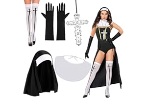 XEPST Kostiumy zakonnicy dla kobiet, akcesoria do stroju zakonnicy, nakrycie głowy, kołnierz zakonnicy, rękawiczki, wisiorek krzyżowy, naszyjnik, podkolanówki dla kobiet, kostiumy na Halloween,