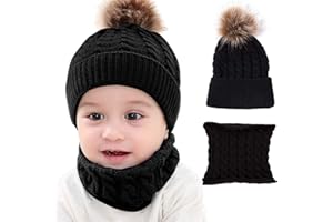 CheChury Conjunto de Bufanda y Gorro de Punto Unisex Niños Niñas Invierno cálido Punto Beanie Gorros con Pompon Bufanda de Punto Cuello Redondo Bebé