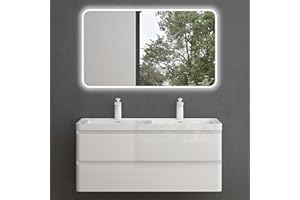 MAIMAI Mai & Mai Mobile Bagno Sospeso 120x48x55cm con Lavabo in Marmo Fuso e Specchio LED, Mobiletto da Bagno con 2 Cassetti di Chiusura Soft-Close, Mobile sospeso Lavandino Bagno Bianco, Lucca