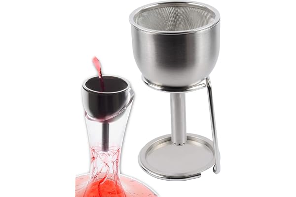 Entonnoir Inox 3-en-1 pour Carafe à Vin et Verre - Décanteur, Aérateur et Filtre Passoire à Mailles Fines Spéciale Sédiments - incl. Support Séchoir Égouttoir pour Cuisine