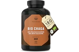 ‎TRUE NATURE BIO Chaga Pilz Extrakt - 180 Kapseln - 12.000mg Extrakt (10:1) - 40% Polysaccharide - 30% Beta Glucane - Schiefer Schillerporling Pulver - Vegan, Deutsche Produktion - TRUE NATURE®