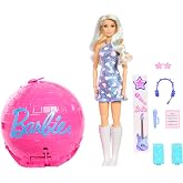 Barbie Team Barbie Roll & Reveal Pop Yıldızı bebek ve aksesuarları, sarışın bebek, 8 s&uuml;rpriz ve disko topu kılıfı, JMK19