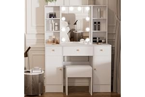 Umeiga Large White Vanity Table, Makeup Table with Lighted Mirror, 3 Color Lighting Modes, Brightness Adjustable, Dressing Table with Drawers, Vanity Desk for Women, Girls,