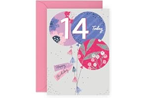 CENTRAL 23 Kartka urodzinowa na 14. urodziny dla chłopców i dziewcząt - kartka urodzinowa - czteroletnie balony urodzinowe dla nastolatków - śliczne kartki z życzeniami dla syna, córki, siostrzeńca, siostrzeńca - w zestawie z naklejkami