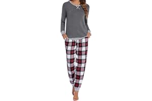 Ekouaer Womens Pyjamas Sets Round Neck Soft Sleepwear Sets Long Sleeve Plaid Pjs Set Winter Loungewear