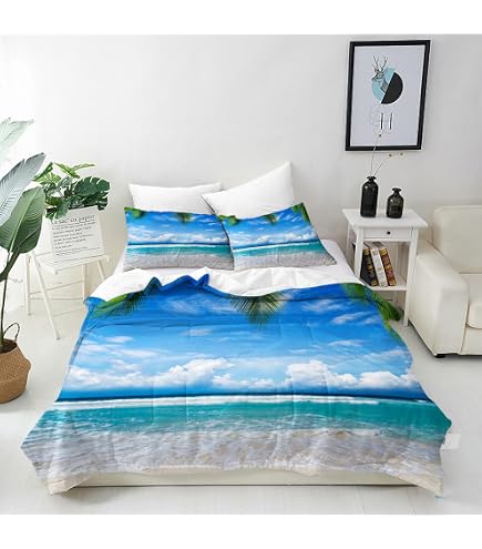 100% Baumwolle Bettbezug-Set „Ozean“ – 135x200 Cm + 1 Kissenbezug, Hawaii Palmen Design, Reißverschluss
