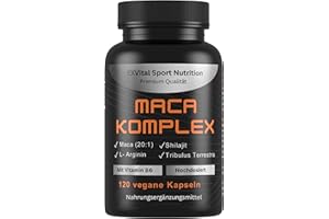 ‎EXVITAL EXVital® Maca Komplex hochdosiert - Maca 20:1 Extrakt mit Tribulus terrestris, Shilajit, L-Arginin & Vitamin B6, 120 vegane Kapseln, laborgeprüft