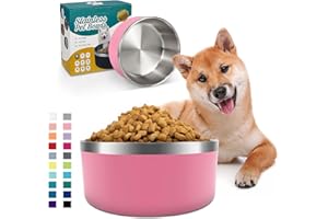 IKITCHEN Dog Bowl for Food and Water, 40 Oz Stainless Steel Pet Feeding Bowl, Durable Non-Skid Double Wall Insulated Heavy Duty with Rubber Bottom for Medium Large Sized Dogs (40 Ounces/5 Cup, Pink)