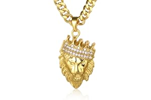 HALUKAKAH ● Kings Landing ● Uomo Oro Reale 18k/Placcato in Platino Leone Corona Pendente Collana Diamanti Artificiali Set a Mano con 3mm Catena Cubana 24"(60cm)