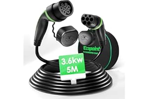 ECOPOINT Câble de Recharge Voiture Électrique PHEV Type 2 3,6kW 5M Monophasé, Câble T2 16A, Type 2 à Type 2, Câble Mode 3 avec Sac de Rangement, Compatible avec Model 3 S X Y, ID.3, Zoe, Kona, e-Tron