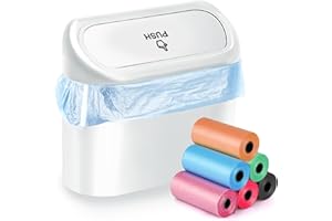 FINEASY Car Bin with 6 Rolls of Bin Bag, Mini Car Trash Can with Lid, Foldable Car Rubbish​Bin, Push-on Design Bin for Car Portable Hanging Car Bin Tidy (White)
