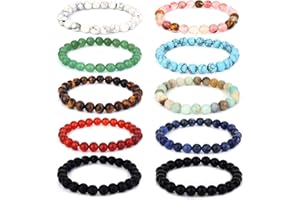 LOLIAS 10 Pezzi 6-8mm Bracciale Pietre Naturali per Donna Uomo Bracciale Occhio di Tigre Pietra Naturale di Bracciale Perline Coppie Bracciali Elastici Gioielli