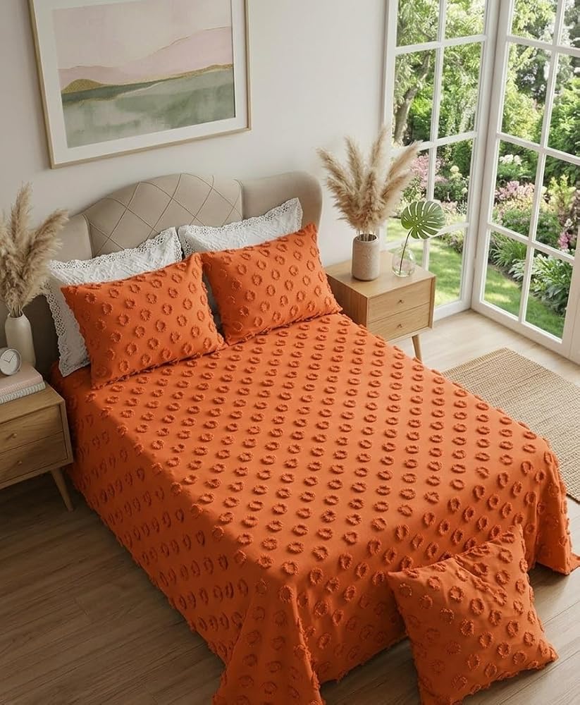 D'NISS HOME Ponpon Desenli 3 Parça Çift Kişilik Yatak Örtüsü Kiremit Rengi