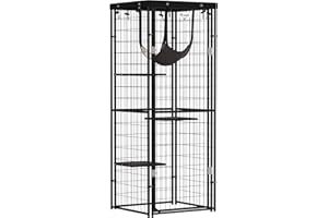 PawHut Jaula para Gatos para Exterior e Interior Recinto para Gatos con Cubierta Impermeable 3 Plataformas Hamaca Cojines y Puerta 61,5x55x157 cm Negro
