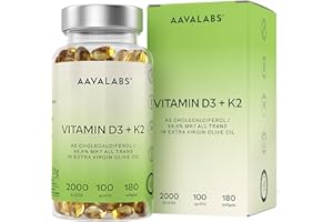 AAVALABS Vitamine D3 K2 avec de l'Huile d’Olive Vierge - Vitamine D3 2000 UI et Vitamine K2 MK7 100 μg pour Os, Muscles, Système Immunitaire - Vitamine D Vitamine K sans OGM, Gluten et Lactose - 180 Gélules