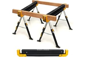 GYMAX Lot de 2 Tréteaux Pliable en Métal, Charge Max 1180kg, Hauteur Réglable 62-83cm, Chevalet de Sciage avec Bras Chevilles de Support de Bois (Jaune)