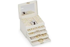 ADEL DREAM Portagioie a 5 ripiani con bottone a forma di quadrifoglio, con vassoio estraibile, organizer per gioielli con grande specchio, scomparti regolabili fai da te, per mamme e ragazze bianco