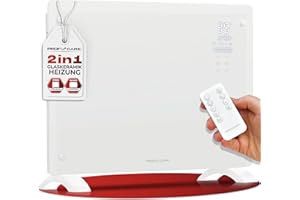 PROFI CARE ProfiCare® PC-GKH 3118 Electric Heater with Glass Front & X-Shape Heating Element Mobile Radiator Also Suitable for Wall Mounting Convector Heater with 2 Heat Settings Silent Heating 0dB White