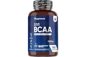 ‎WEIGHTWORLD BCAA Tabletten 2000mg mit Vitamin B12 & B6-2:1:1, L-Leucin, L-Isoleucin, L-Valin - 180 Tabletten - 3 Monate Vorrat - 2 pro Täglich - Vegan, Ohne Gentechnik & Frei von Magnesiumstearat - WeightWorld