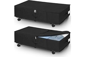 JUPELI Under Bed Storage Organiser, Dust-Proof Under Bed Storage on Wheels & Metal Bottom Support, Sturdy Underbed Storage with Wheels, Large Clothes Storage Box For Clothes, Blanket, Black, 22cm Tall
