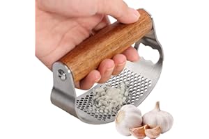 SUPATMUL Presse-ail Manuel, Hachoir à ail en acier inoxydable avec manche en bois, broyeur d'ail de cuisine, gadgets de cuisine à bascule pour un écrasement sans effort