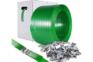 Förpackningsband, Pallband, Bandningsband (450 m Längd x 16 mm Bredd x 0,9 mm Tjocklek PET Polyester Rulle + 100 Spännen) – Certifierat 540 KG Brottstyrka Plastband