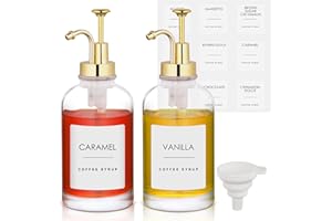 Ulrikco Coffee Syrup Dispenser Coffee Bar, Pump Dispenser w/ Gold Pump & 36 Labels, Glass Syrup Bottles Cinnamon, Vanilla, Caramel, Coffee Bar Accessories, 16.9 Oz 500 Ml, Set of 2 (KFFPQ-01UK)