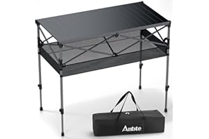 Anbte Camping Table Foldable, 2 Adjustable Height 34.2”, Large Roll Up Camping Table Support 264lbs with Storage Basket and Bag, Aluminum Outdoor Table, for Picnic Travel Bbq, 39.4” x 19.7”, Black
