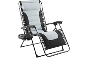 LIFERUN Składany leżak ogrodowy z zagłówkiem i uchwytem na napoje, bardzo duża, bardzo szeroka, regulowane oparcie z bawełnianą wyściółką, nadaje się na taras, plażę, basen, szary