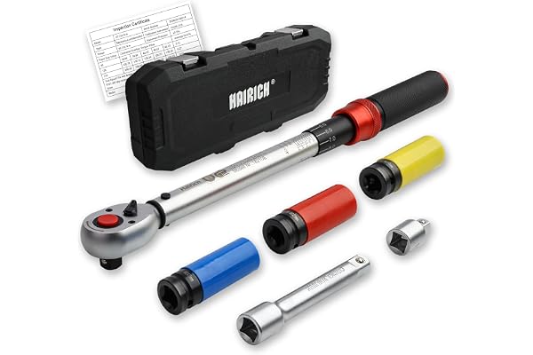 Hairich Clé Dynamométrique Voiture 1/2", Torque Wrench 40–210 Nm, Certifiée TÜV Süd GS, Set 6 Pièces avec Rallonge 125 mm, Adaptateur 1/2"-3/8" et 3 Douilles – Changement de Pneus & Moto