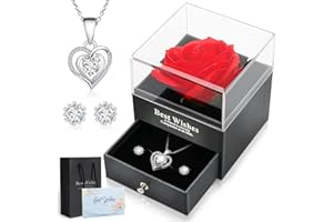 Floepx Ewige Echte Rose mit Splitter Halskette Ohrringe Geschenkbox,verzauberte echte Rose Blume,Rote Rosen Geschenkbox,Handmade Eternal Real Rose zum Valentinstag Muttertag Jubiläum Hochzeit