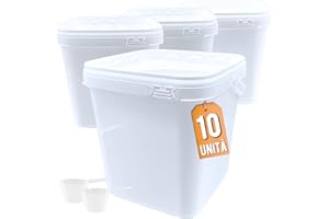 Üka • 10 Secchi Bianchi in Polipropilene da 5,4 L - 20x20x20,5 cm. Secchi di Plastica Rigida con Coperchio. Contenitori Ermetici per Alimenti. Secchi Vuoti con Manico. Design Impilabile e Senza BPA.