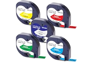 UniPlus Cintas de Etiquetas Compatible con Dymo Letratag 91201 91202 91203 91204 91205 Plastico Casetes de Cinta para DYMO Letratag LT-100H LT-100T LT-110T, 12 mm x 4 m, 5-Pack