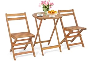 COSTWAY Conjunto Mesa y Sillas Jardin, 2 Sillas Plegables de Madera de Acacia y 1 Mesa Redonda, Mesa y Sillas Terraza Patio Balcon Jardin Exterior Interior